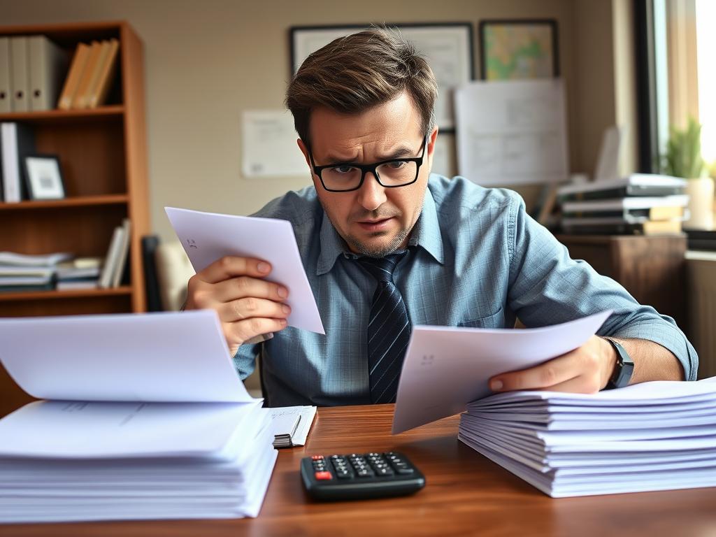 Business owner looking stressed while reviewing unpaid invoices in New Mexico office