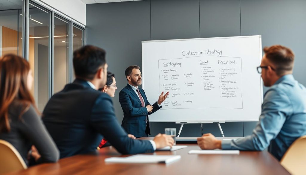 Business professionals discussing commercial collection strategies