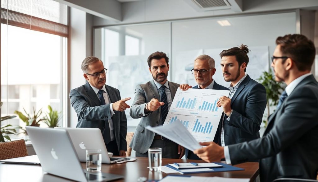 Business team discussing challenges in bad debt reserves calculation