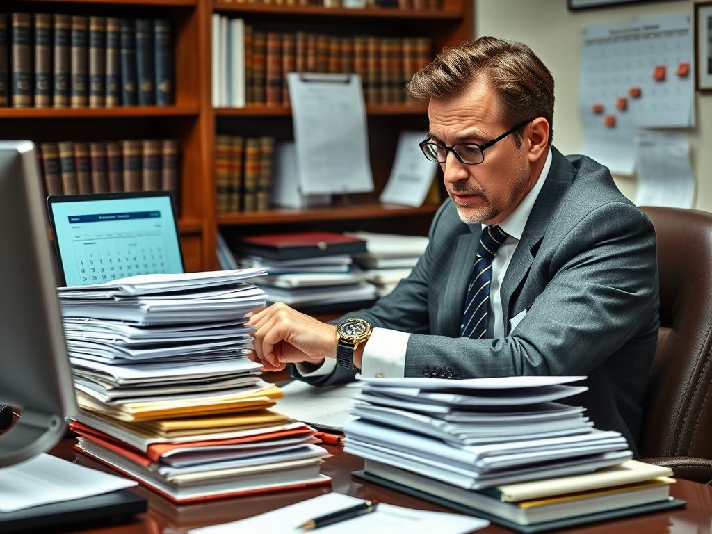 Busy attorney managing multiple case files and deadlines