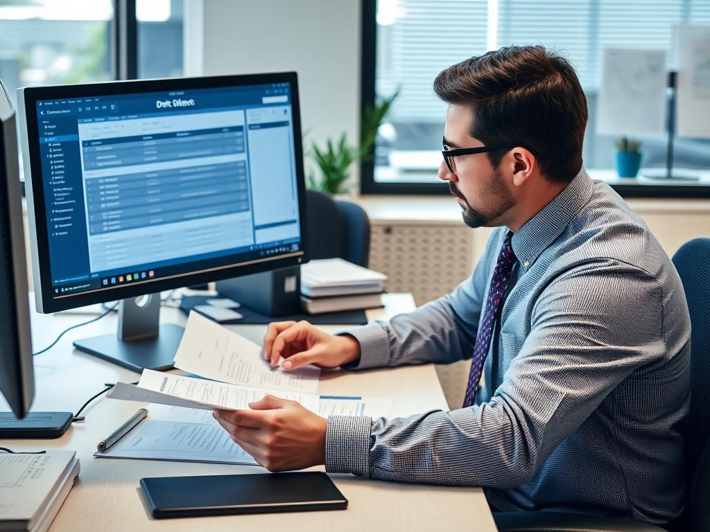 Commercial debt collection specialist reviewing accounts