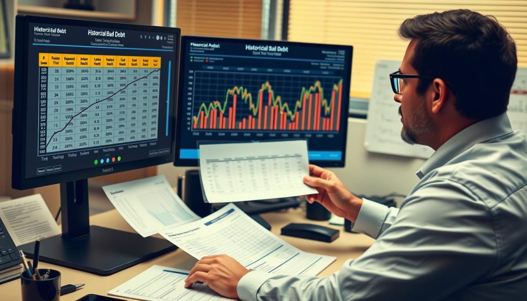 Financial analyst reviewing historical bad debt data for reserves calculation
