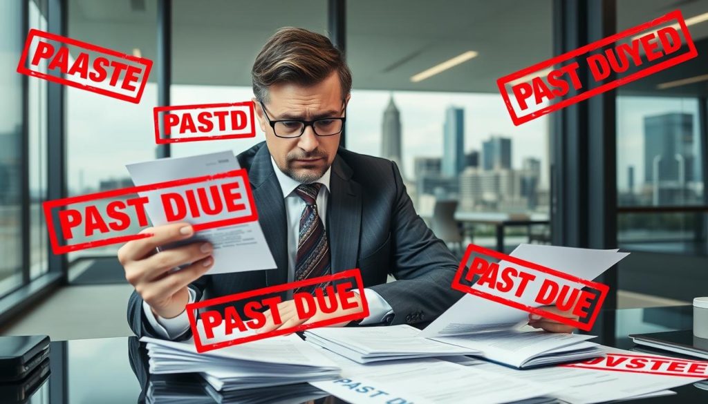 Georgia business owner reviewing unpaid invoices with concerned expression