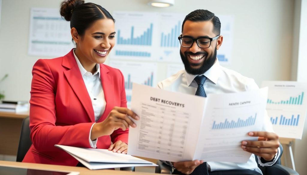 Law firm partners reviewing successful debt recovery results